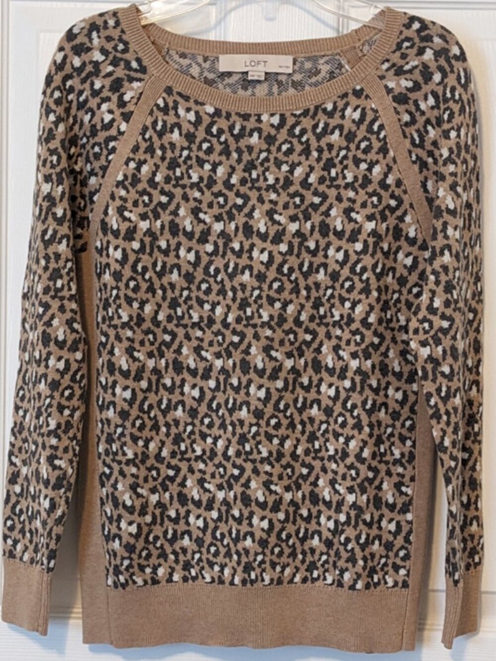 LOFT Gray & Tan Animal Print Petite Long Sleeve Pullover Sweater